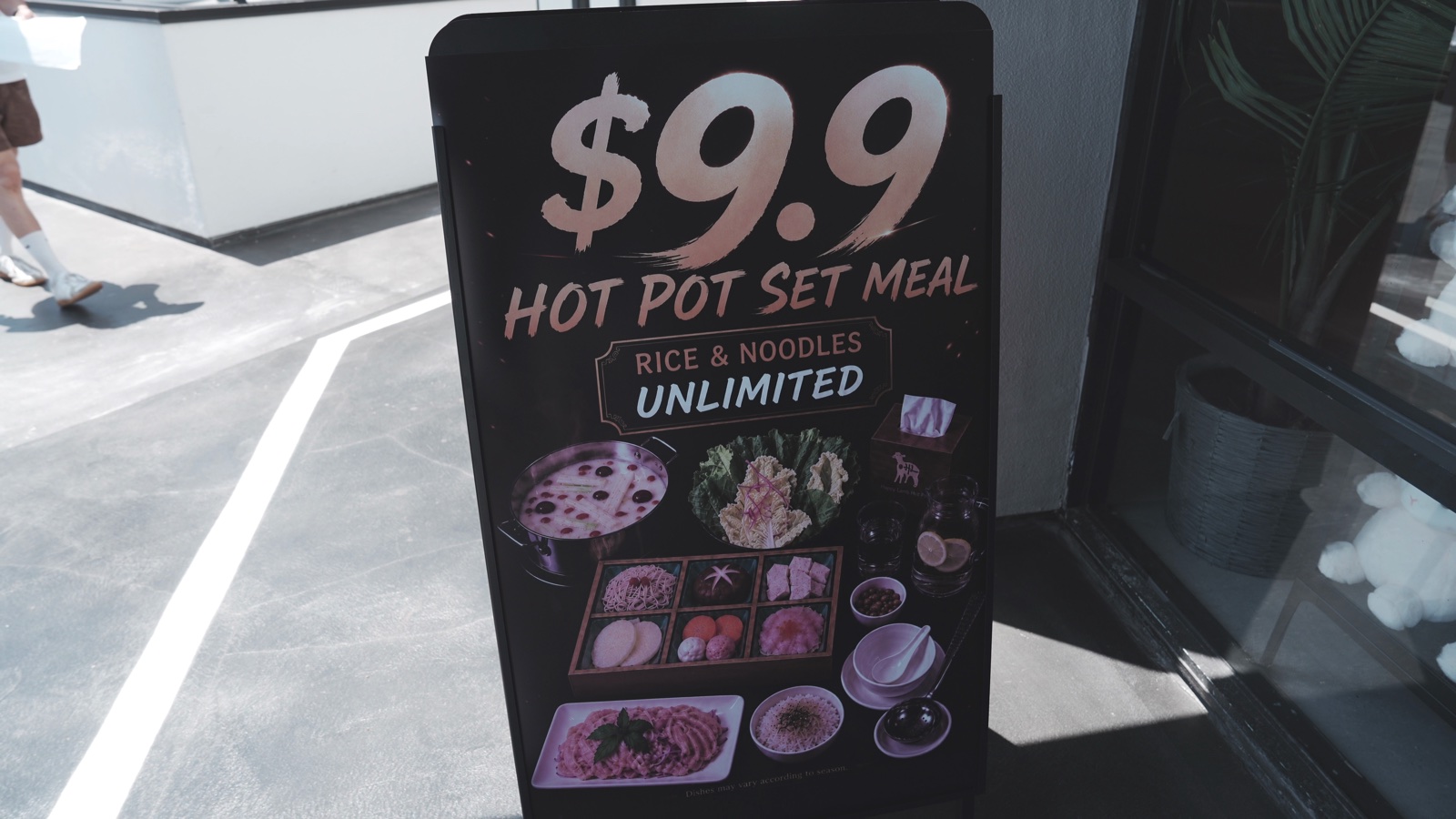 $9.90 hot pot set meal sign outside Happy Lamb Hot Pot in San Gabriel